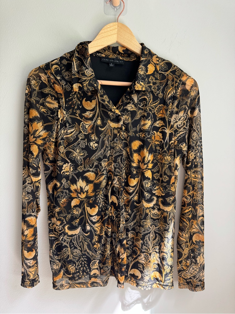 Jane and Delancey Black/Gold Floral Button-Down Shirt Sheer Sleeve Boho Medieval